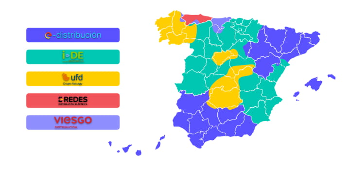 mapa de las distribuidoras de luz de España por región
